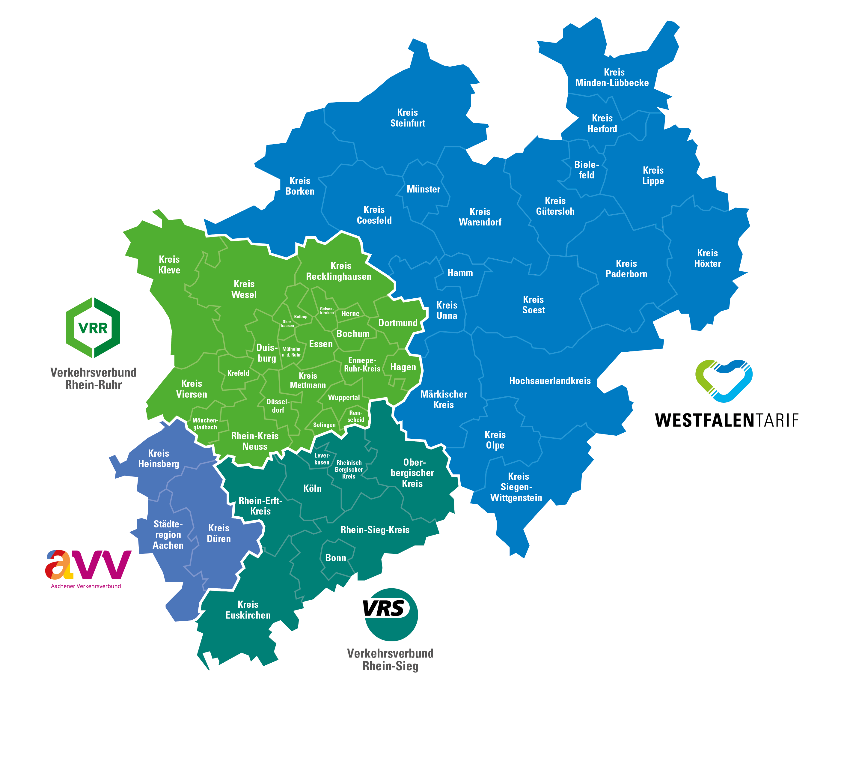 NRW-Karte mit den vier Verbünden und einzelnen Kreisen bzw. Städten
